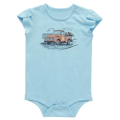 Infant Girls Petal Sleeve Old Truck Bodysuit - Gulf Blue Heather