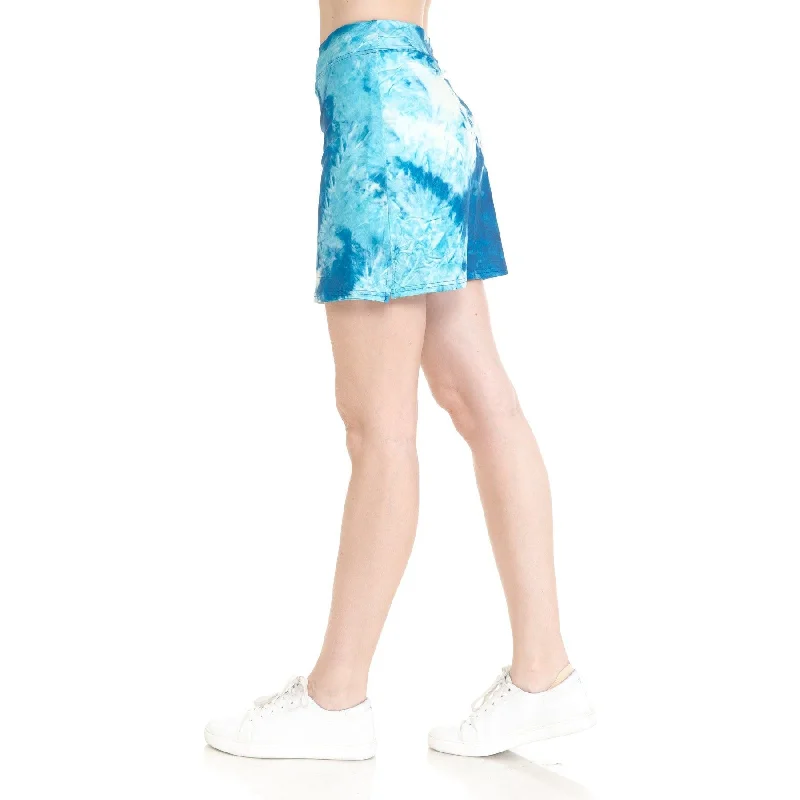 Printed Skort with Side Slit and Shorts Underneath, Elastic Waistband, Aqua