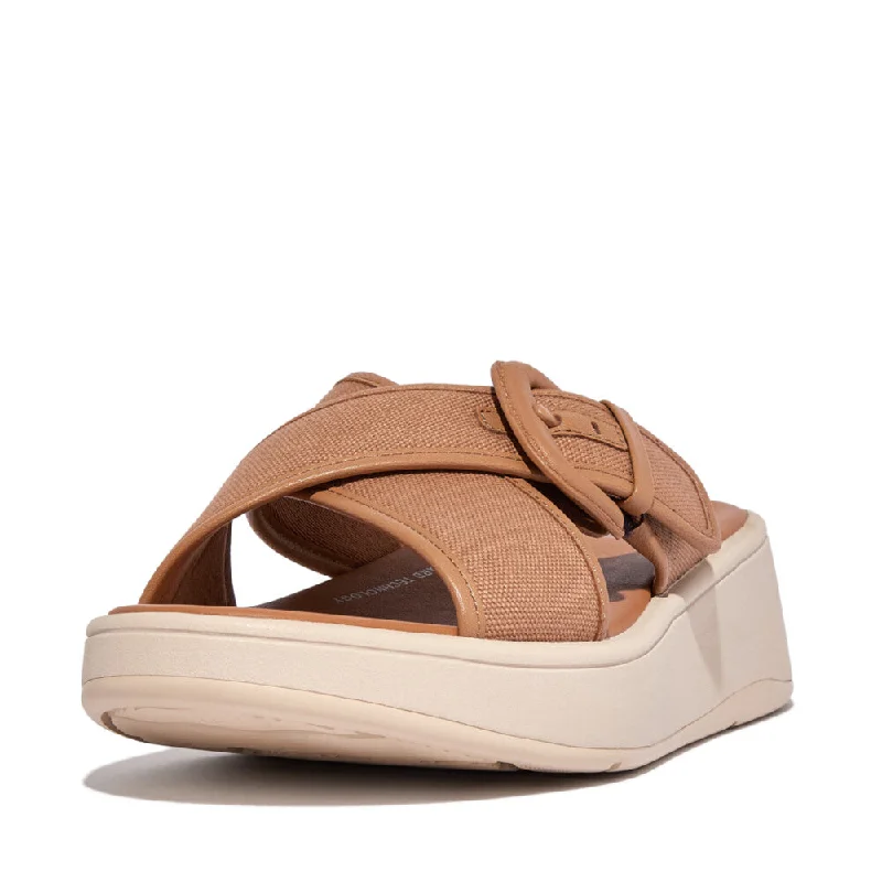 FitFlop F-Mode Flatform Cross Slides Canvas Sandals - Latte Tan