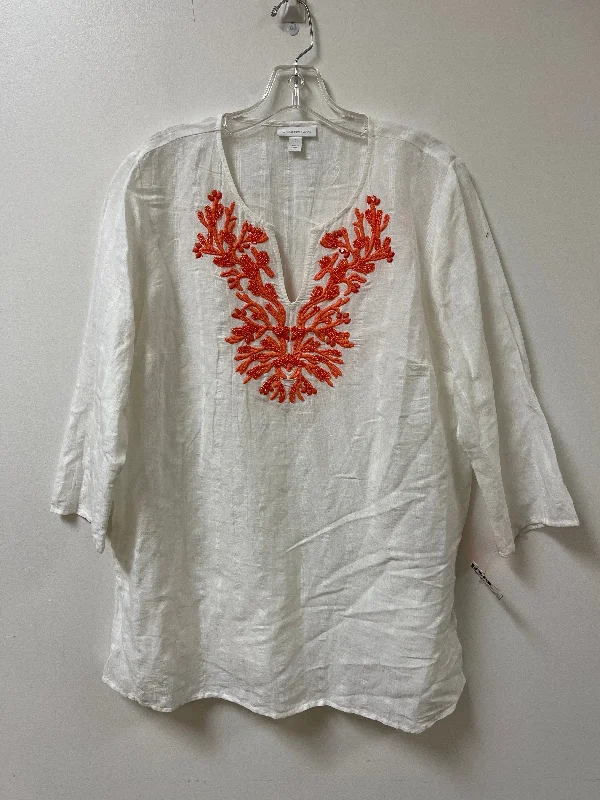 Top Long Sleeve By Charter Club In Orange & White, Size: L