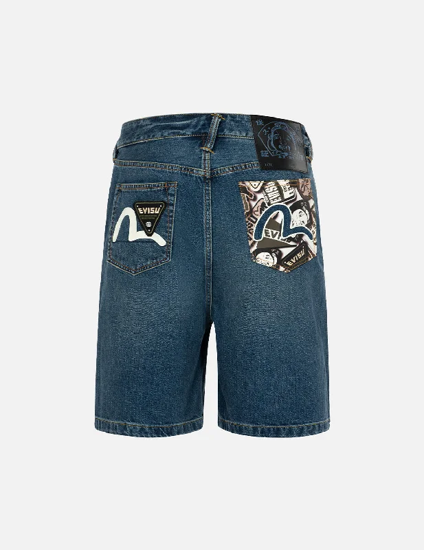 Allover Godhead Print and Seagull Embroidery Relax Fit Denim Shorts