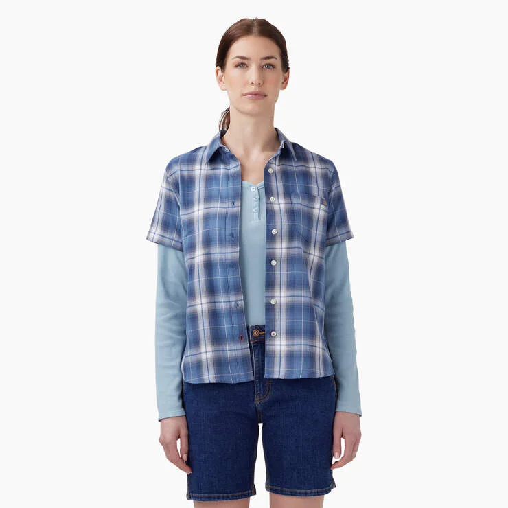 Women's Plaid Woven Shirt - Blue Herringbone Plaid