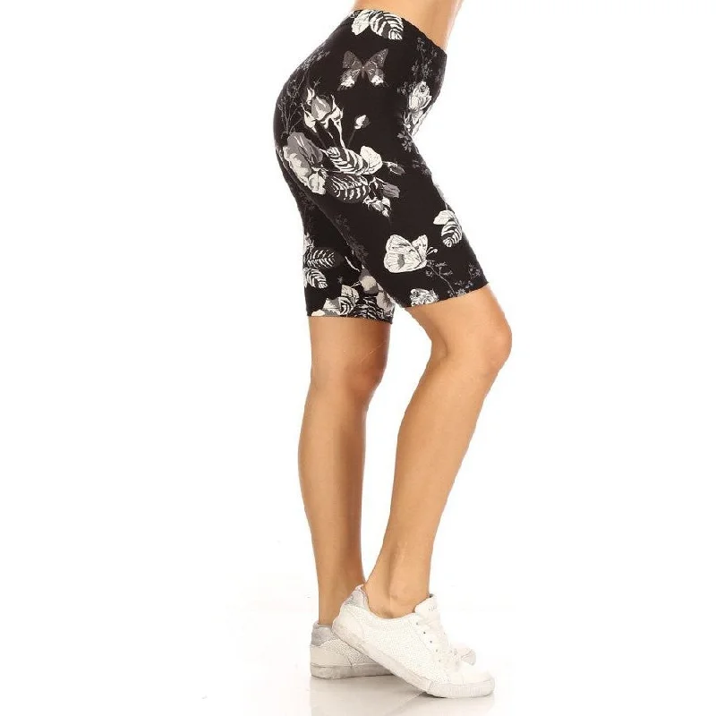 Printed, High Waisted, Biker Shorts, Elastic Waistband, Black with Flowers