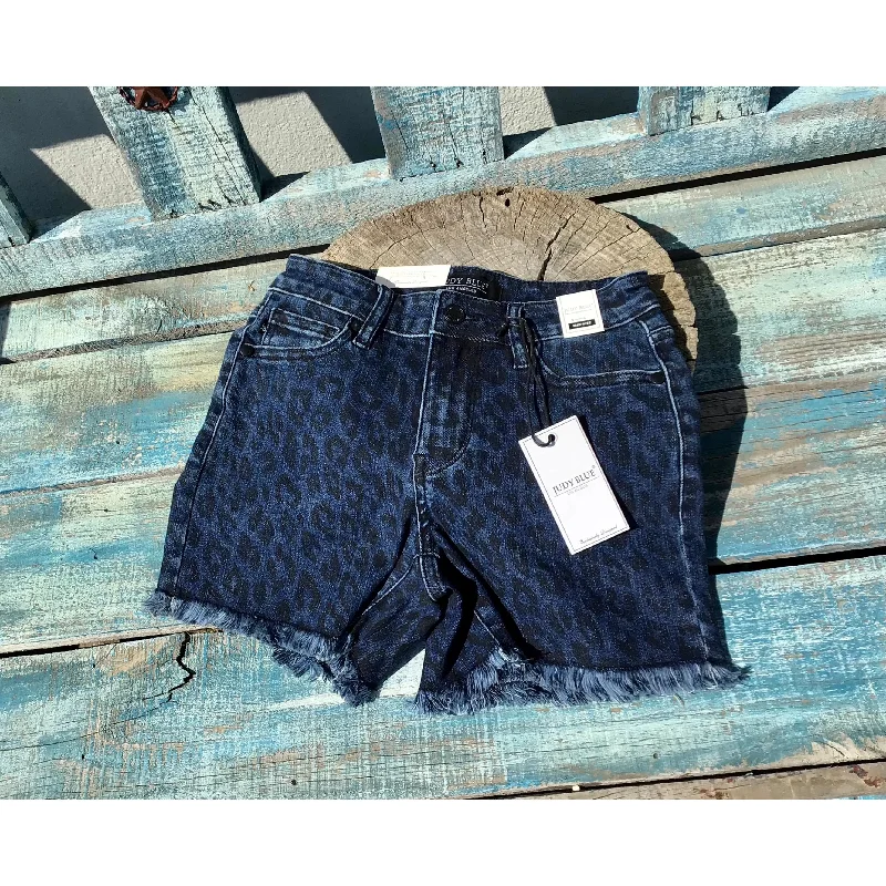 Mid Rise Denim Leopard Print Fray Hem Shorts, Judy Blue