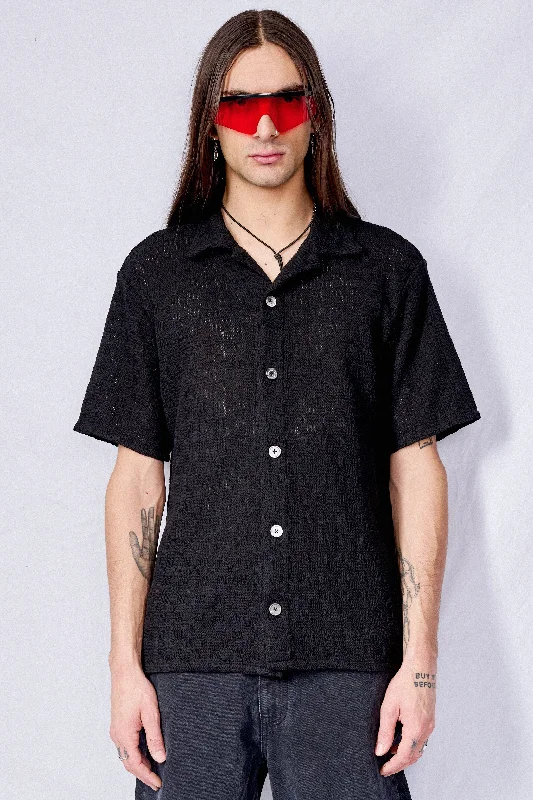 Black Square Open Collared Crochet Shirt