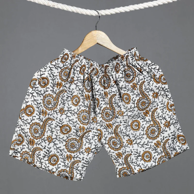 White - Sanganeri Block Printed Cotton Unisex Boxer/Shorts