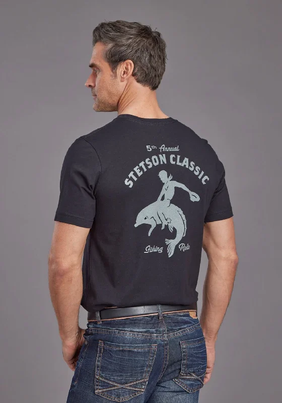 Stetson Mens Fishing Rodeo Black 100% Cotton S/S T-Shirt Business