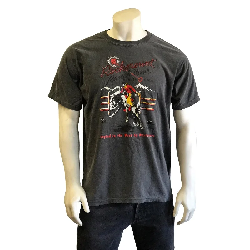 Rockmount Mens Bronc Rider Charcoal 100% Cotton S/S T-Shirt Artistic Men's Hand