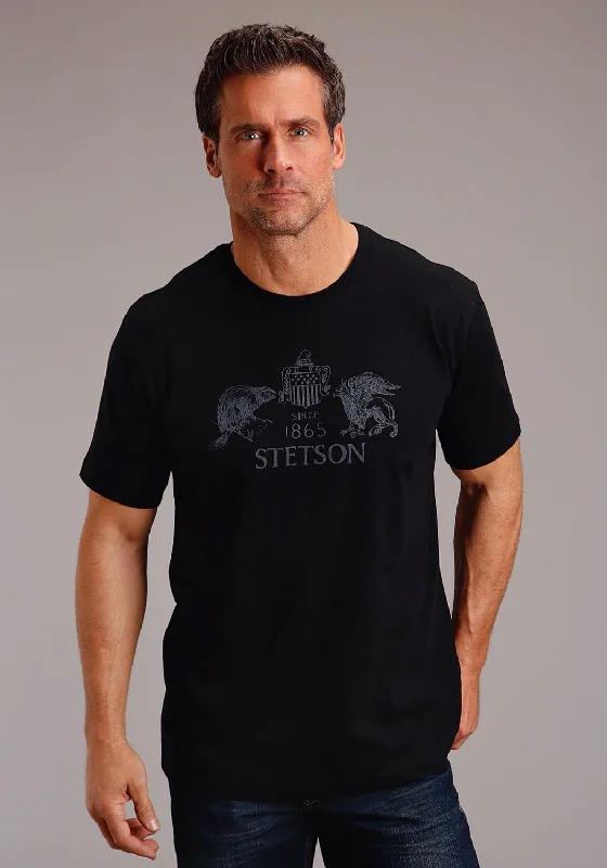 Stetson Mens Beaver Eagle Drawing Black 100% Cotton S/S T-Shirt Casual Men's Loose