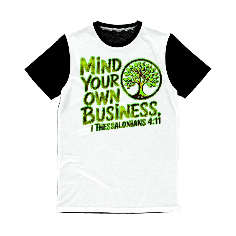 Outspoken Designs 06-02 "Mind Your Own Business" Designer Vanilla Classic Unisex Sublimation Panel T-shirt British Gentleman Style